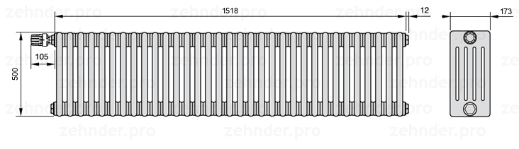 Схема (чертеж) Радиатор Zehnder Charleston 5050/33 №V011 Белый глянцевый RAL 9016